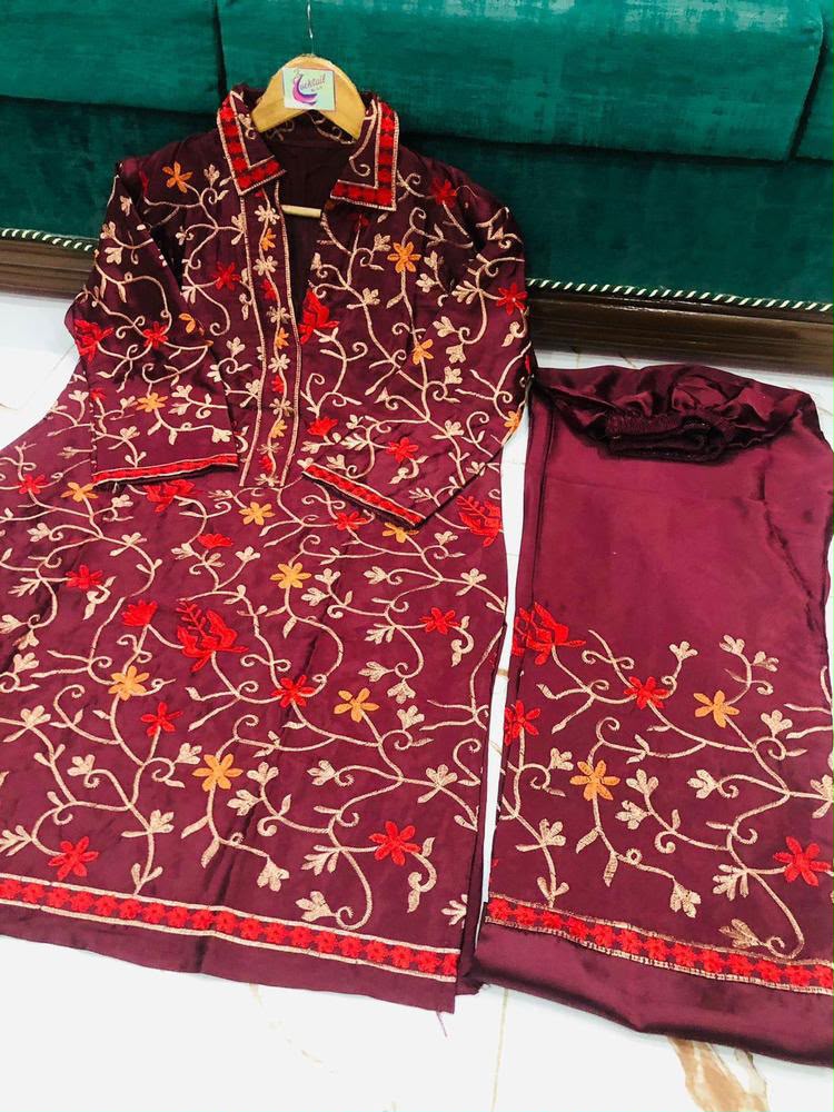 2 Pcs Women's Stitched Katan Selk Embroidered Suit