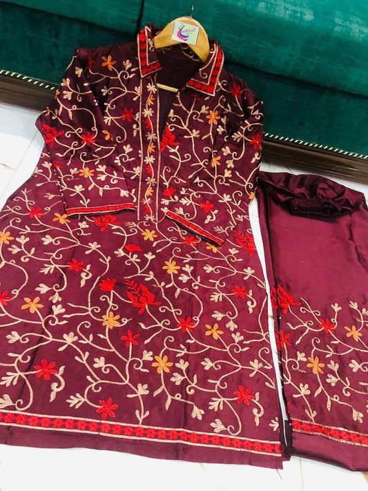 2 Pcs Women's Stitched Katan Selk Embroidered Suit