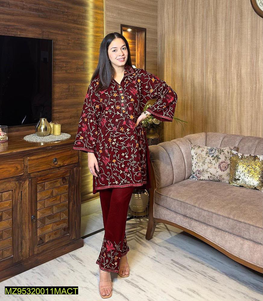 2 Pcs Women's Stitched Katan Selk Embroidered Suit