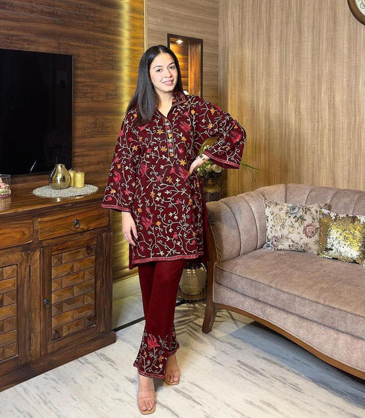 2 Pcs Women's Stitched Katan Selk Embroidered Suit